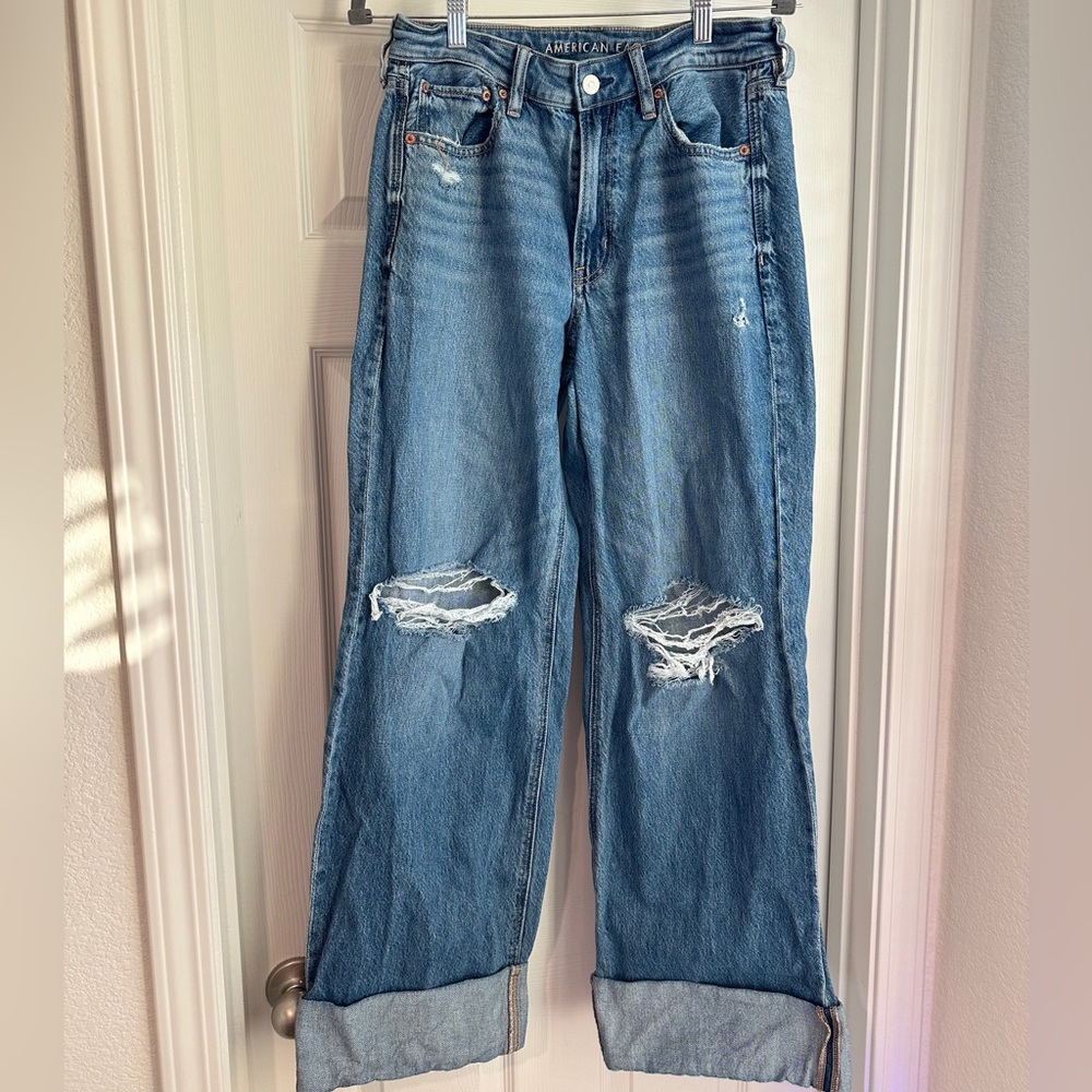 American Eagle Distressed Super High Rise Baggy Wide Leg Jeans | Cuffed Hem